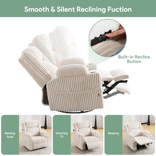Power Recliner Chair with Massage and Heat, Oversized Swivel Rocker Recliner for Adults with Adjustable Headrest, Nursery Glider with Arm Storage and Cup Holder, Beige