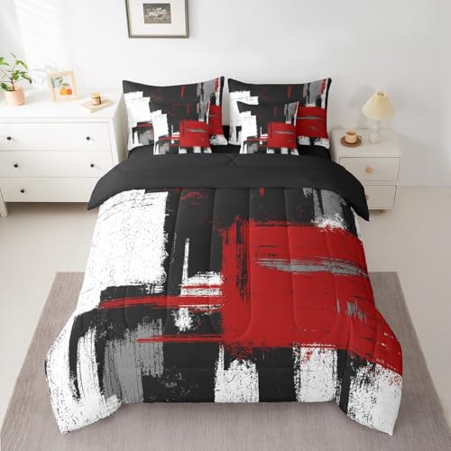 Red Black White 7 Piece Bedding Set Abstract Morden Comforter Set Full Size Buffalo Check Bed Set Includes Comforter, Sheet Set, Pillowcases & Pillow Covers Bedroom Decor Soft Microfiber Geometric Feelyou