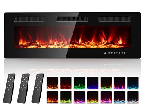 Electric Fireplace 50 Inch with 3 Remotes, Recessed or Wall Mounted Electric Fireplace Insert with 15 Flame Colors & 6 Adjustable Speeds, 1500/750W Linear Fireplace Heater, 12H Timer, Log & Crystal FODINGHILL