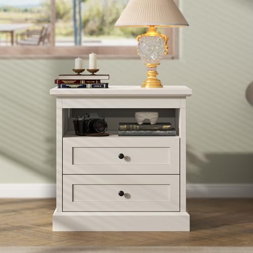 Gyfimoie Nightstand with Side Drawer, Night Stand, End Table with Hidden Storage Space, Bedside Table with Open Shelf, 2 Drawers Dresser for Bedroom, Living Room, Closet (White) Gyfimoie