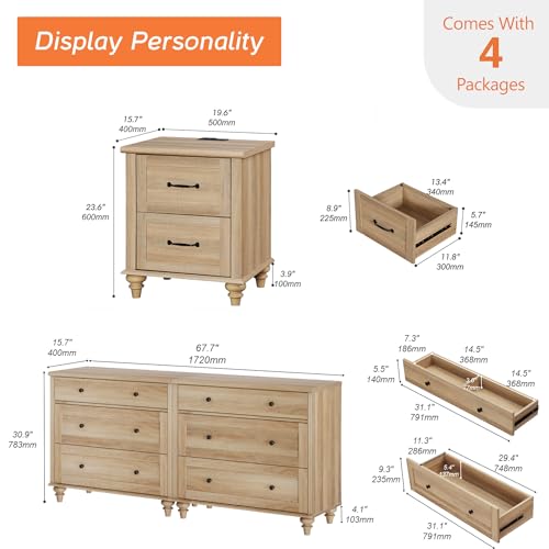WAMPAT 4 Piece Bedroom Set, Set of 2 Wooden Dressers with 3 Drawers, Set of 2 Rattan Bedside Table Side Tables with Charging Station, 4 Piece Dresser and Nightstand Sets, Oak WAMPAT