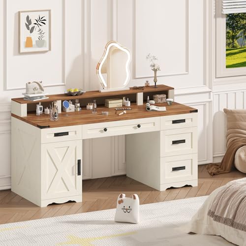YOMILUVE Farmhouse Executive Desk with Drawers & Storage Shelves, 55" Computer Desk with Power Outlets, Home Office Desk with Monitor Stand & File Drawers, Writing Study Table, Antique White YOMILUVE