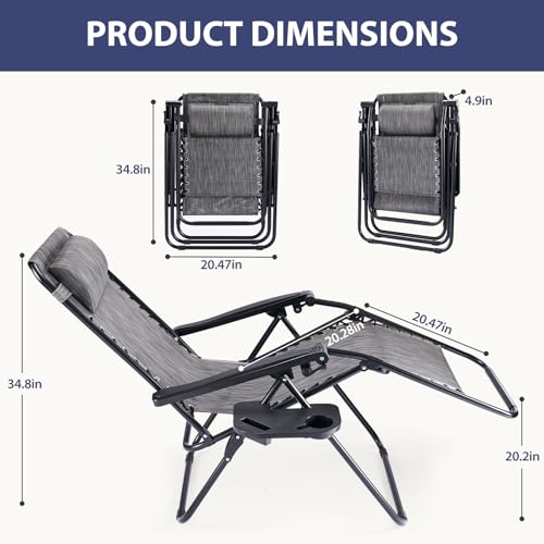 Sweetcrispy Zero Gravity Chairs, Set of 2 Portable Recliner Beach Camping Patio Outdoor Folding Lounge Chair with Cup Holder Trays and Adjustable Pillow for Poolside, Garden, Backyard, Lawn (Grey) Sweetcrispy