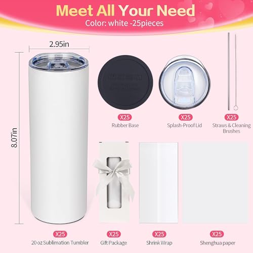UIRZOTN 25 Pack 20 OZ Sublimation Tumbler Blanks Skinny Straight in Bulk, Stainless Steel Insulated Sublimation Tumbler with Polymer Coating for Heat Transfer, With Lid, Straw, ribbon, Gift Box UIRZOTN