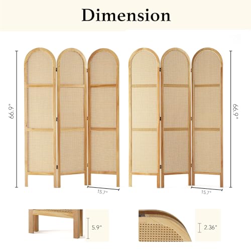 Svimi Room Dividers and Folding Privacy Screens, Pine Wood 5.6 Ft Double Hinged Rattan Partition Freestanding Wall Room Divider for Home - 3 Panels (Natural) Svimi