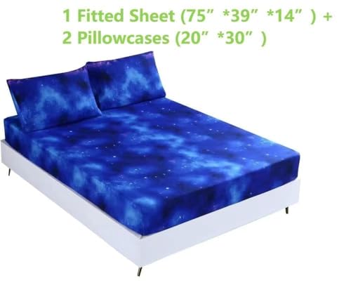 SDIII 3PCS Blue Space Fitted Sheet Set Twin, Bed in a Bag Galaxy Bedding Twin Sheet Fitted, Soft Microfiber, Soft Twin Sheet Set for Kids Boys and Girls, 1 Fitted Sheet and 2 Pillowcases SDIII