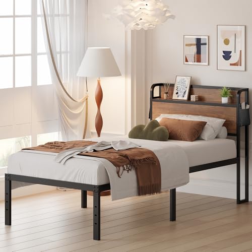 Maenizi 16 Inch Twin Bed Frames with Wood Headboard, Storage Bed Frame Twin No Box Spring Needed, Noise Free, Mahogany Maenizi