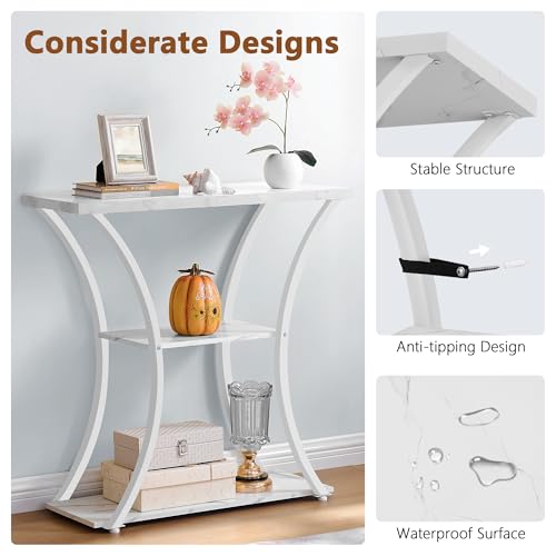 Hoctieon 3 Tier Console Table with Open Wood Shelves, Decorative Entryway Table with Curved Metal Frames, Narrow Sofa Table for Entrance, Living Room, Hallway, White Marbled Hoctieon