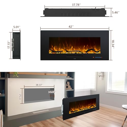 Oxhark Flame 42 inch Recessed and Wall Mounted Realistic Electric Fireplace with Multicolor Flame, 750/1500W Thermostat & Timer, Touch Screen & Remote Control, Black Oxhark Flame