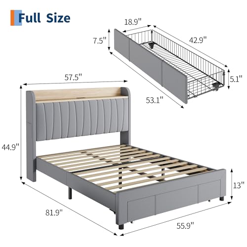 GarveeHome Upholstered Bed Frame with Storage Headboard and Charging Station, Platform Bed Frame with Drawers, Heavy Duty, No Box Spring Needed, Easy Assembly, Grey, Full Size GarveeHome