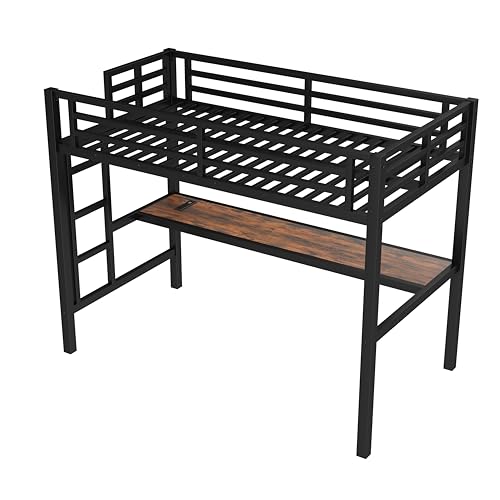 Bellemave Twin Loft Bed with Desk and LED, Metal Twin Loft Bed Frame with USB guardrail and Ladder for Adults, Kids, Teens, Black Bellemave