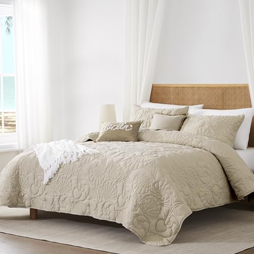 WDCOZY Coastal Beach Beige Twin Size Quilt Bedding Sets, Nautical Tropical Ocean Bedspread, Scallop Seashell Soft Coverlet, Lightweight Summer Thin Comforter for All Season WDCOZY