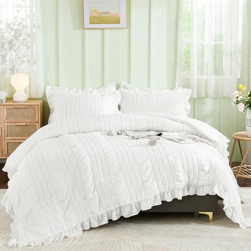 WONGS BEDDING White Comforter Set King,3 Pieces Ruffle Farmhouse Shabby Chic Boho Comforter for King Bed,Soft Textured Bedding Set with 1 Ruffle Comforter,2 Tufted Pillowcases 104"×90" WONGS BEDDING