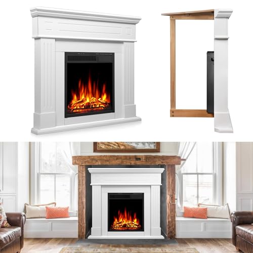 Xbeauty 44" Electric Fireplace with Mantel, Corner Freestanding Fireplace Heater with Realistic LED Flame & Remote, Adjustable Brightness, Overheat Protection for Living Room, Bedroom, Office,White Xbeauty