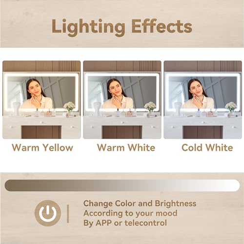 IRONCK Vanity Desk with LED Lighted Mirror & Power Outlet, 7 Drawers Makeup Vanities Table with Stool, for Bedroom, White IRONCK