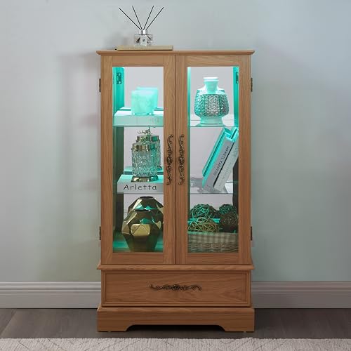 VeroFree Lighted Glass Curio Display Cabinet with Adjustable Shelves – 2 Doors, 1 Drawer, Led Lights, Elegant Light Oak Finish for & Office Decor (1 Drawers + 2 Doors + 1 Shelves) VeroFree
