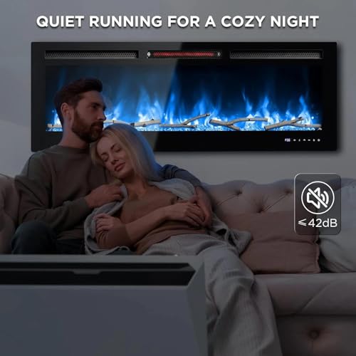 50 Inch Smart Electric Fireplace with Alexa & WiFi, Wall Mounted/Recessed Insert, 1500w Heater, Remote & Touch Control, 25 Flame/Ember Colors, Timer & Adjustable Heat, Black Takywep