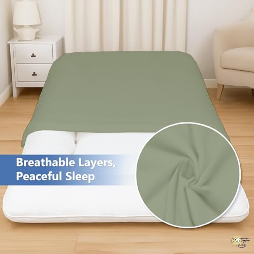 Cottington Lane Traditional Japanese Shikibuton Futon Cover, King Size Premium Cotton Zippered Floor Mattress Slipcover, Soft Durable, Ideal for Dorm Rooms, Guest Rooms, Sage Cottington Lane