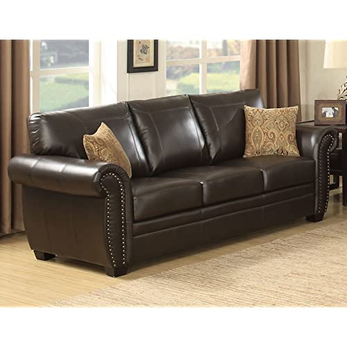 AC Pacific Louis Traditional Upholstered Leather Living Room Piece with Antique Brass Nail Head Trim, Sofa, Umber AC Pacific