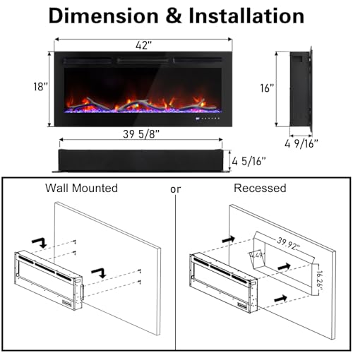 Cheerway 42’’ Smart WiFi Electric Fireplace Heater, Wall Mounted & Recessed Electric Fireplace Insert w/Timer, Child Lock, Crackling Sound, App & Remote Control, Adjustable Flame,1500W Cheerway