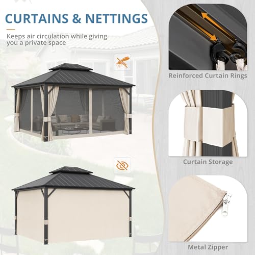 LUE BONA 12x14 Hardtop Gazebo, Galvanized Steel Double Roof Permanent Gazebo Pavilion with Aluminum Frame, Outdoor Metal Gazebo Canopy with Nettings and Curtains for Deck, Patio, Backyard LUE BONA