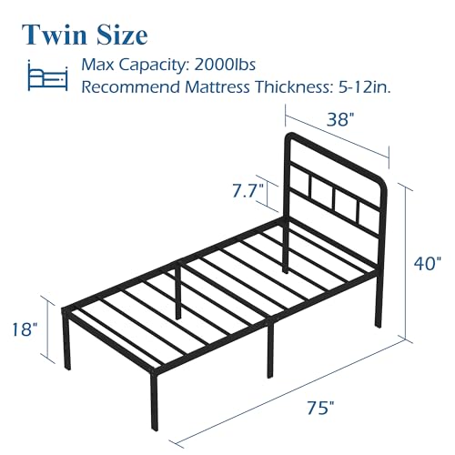 DiaOutro Twin Bed Frames with Headboard 18 Inch, Metal Platform No Box Spring Needed Heavy Duty Steel Slat Mattress Foundation/Easy Assembly/Noise Free/Black DiaOutro