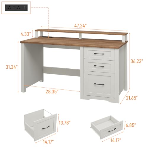 Vabches 47" Farmhouse Executive Desk with Monitor Stand & File Cabinet,3 Drawers Computer Desk with LED Lights and Power Outlets,Workstation for Home Office, Study,Writing.Unique White Vabches
