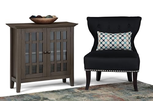 SIMPLIHOME Bedford SOLID WOOD 32 inch Wide Transitional Low Storage Media Cabinet in Farmhouse Grey for the Living Room, Entryway and Family Room SIMPLIHOME