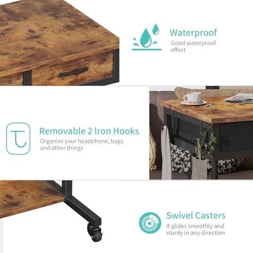 Small Portable Standing Rolling Desk - 32 Inch Adjustable Mobile Stand Up Teacher Desks with 2 Fabric Drawers on Wheels, Couch Sofa Side Laptop Table with Storage for Bedroom Home Office, Rustic Brown WINAZ
