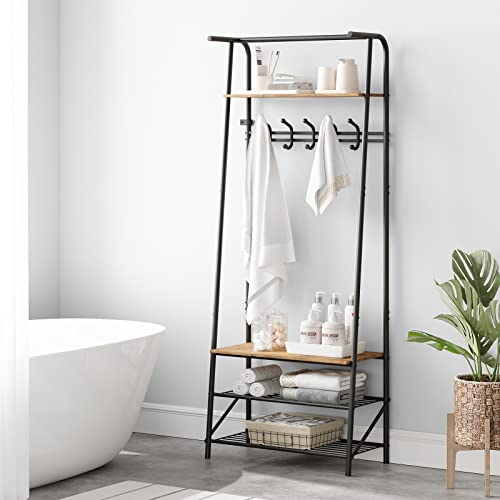 IDEALHOUSE Coat Rack Shoe Bench with 5 Hooks, Hall Trees Entryway Bench with Storage, Multifunctional Hallway Organizer, Wood Look Accent Furniture with Metal Frame for Entryway, Living Room, Bedroom IDEALHOUSE