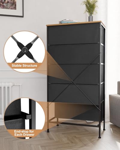 Crestlive Products Rattan Dresser Storage Tower, Tall Fabric Dresser, Chests of Drawers, Wood Top &Wood Handles - Organizer Unit for Bedroom, Hallway, Entryway, Closets - 5 Drawers (Natural) Crestlive Products