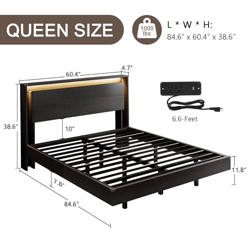 Einhomn Bed Frame Queen Size with LED Lights & Charging Station – Kids Wood Floating Queen Bed Frame with Storage Headboard, Adhesive Slats, Kick-Free & Noise-Free Design, Easy Assembly, Black Einhomn