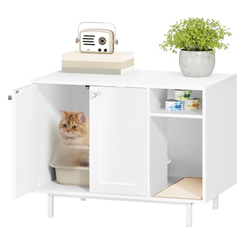 Hzuaneri Cat Litter Box Enclosure Enclosed, Hidden Litter Box Cabinet Furniture with Storage, Wooden Indoor Cat House Large, Modern End Table for Living Room Entryway, White CB01513W Hzuaneri