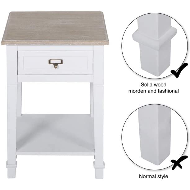 Kinfant Farmhouse End Tables Nightstands White Set of 2 - Rustic Wooden Nightstands Set for Bedroom, Living Room Set of 2, White Kinfant