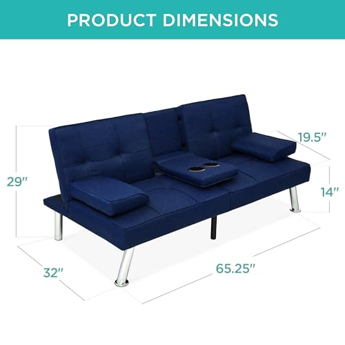 Best Choice Products Linen Modern Folding Futon, Reclining Sofa Bed for Apartment, Dorm w/Removable Armrests, 2 Cupholders - Dark Blue Best Choice Products