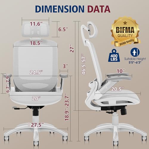 GABRYLLY Ergonomic Office Chair, High Back Home Desk Chair with Headrest, Flip-Up Arms, 90-120° Tilt Lock and Wide Cushion, 400LBS Mesh Chairs for Man Woman, White Task Chair(Grey,GY01WG) GABRYLLY