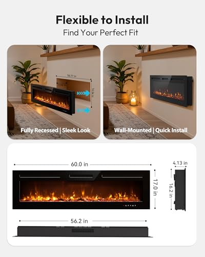 EUHOMY 60 Inch Electric Fireplace Recessed Wall Mounted with Remote Control, Fireplace Heater with Adjustable Flame Color, Linear Fireplace with Timer, Log & Crystal, 750/1500W (2026 Upgrade) E EUHOMY