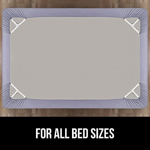 GORILLA GRIP Patent Pending Bed Sheet Holders, Adjustable Elastic Fasteners with Metal Clips, Keep in Place Fitted Bedding Straps, Firm Tight Suspenders for Mattress, US Designed, 4 Pack White GORILLA GRIP