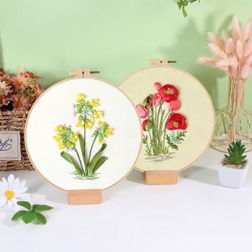 LOMOHOO 4 Sets Ribbon Flower Embroidery Kit for Beginners, Needlepoint Stamped Cross Stitch Starter Kits, Stitch Learning DIY Kit with Floral Pattern, Thread, Hoops, Colorful Ribbons Flower