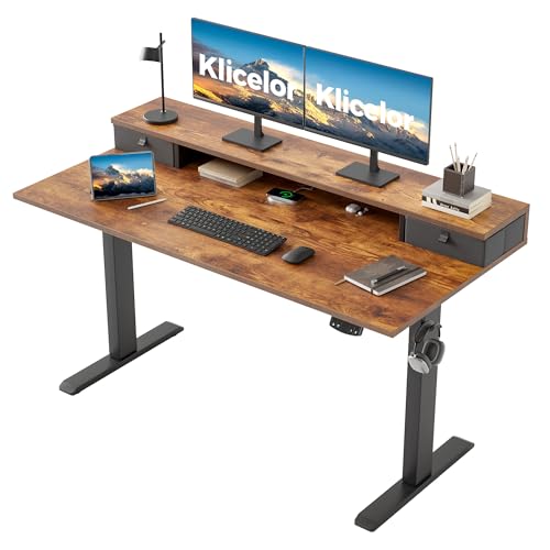 Klicelor 55 Inch Electric Standing Desk with Drawers, Adjustable Height Small Sit Stand Desk for Home Office, Compact Computer Workstation with Storage– Rustic Brown Klicelor