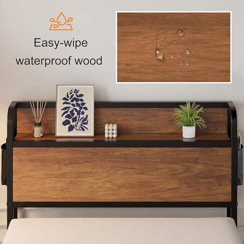 Maenizi 16 Inch Twin Bed Frames with Wood Headboard, Storage Bed Frame Twin No Box Spring Needed, Noise Free, Mahogany Maenizi