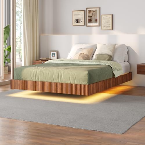 Tatub Walnut Full Floating Bed Frame with LED Lights, Fluted Mid Century Modern Floating Platform Bed with Heavy Duty Metal Slats, No Box Spring Needed Tatub
