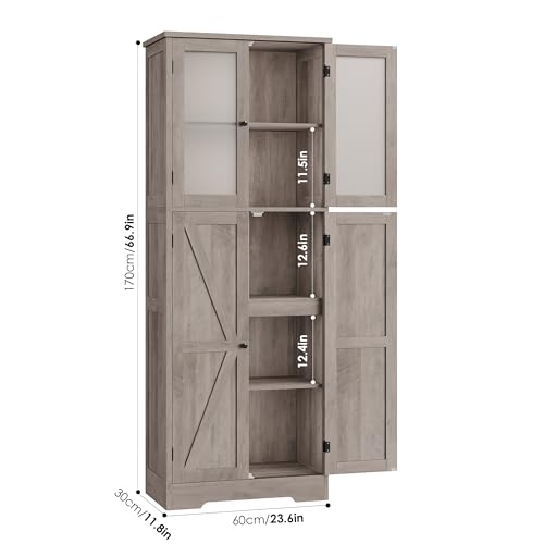 BOTLOG Farmhouse Bathroom Storage Cabinet, 67'' Tall Storage Cabinet with Barn Doors and Shelves, Kitchen Pantry Cabinet for Living Room, Dining Room, Rustic Grey BOTLOG