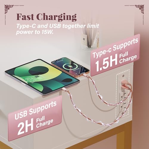 Furmax Vanity Desk with Mirror and LED Light Bulb, Small Makeup Vanity Table with Drawers, Dressing Table with Power Outlet and Hair Drayer Holder for Bedroom (White & Gold) Furmax