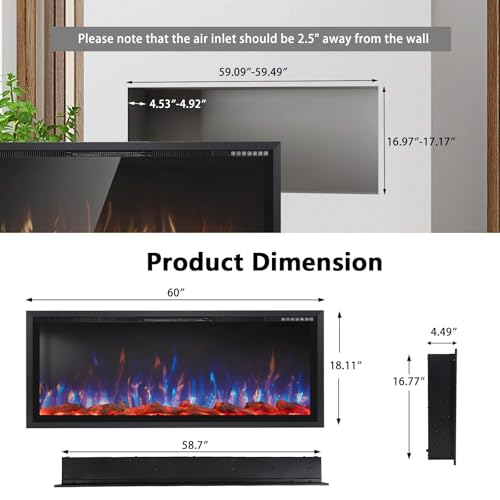 PRETZI 60" Electric Fireplace Ultra Narrow Aluminum Frame & Wide Screen, Electric Fireplace Inserts/Wall Mounted with Heater, Adjustable Flame Color and Brightness, Remote Control/Timer, 750/1500w PRETZI