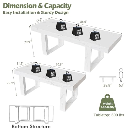 STHOUYN White Marble Extendable Dining Room Table for 8 10, 70.9" (86.6") x 31.5", Rectangle Dinner Table for 6-10, Modern Expandable Retractable Kitchen Table (White) STHOUYN