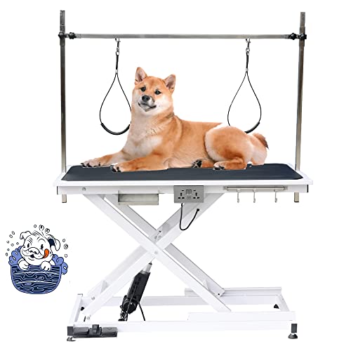 Lucky Pet Electric Lift Pet Grooming Table, Heavy Duty Pet Trimming Table, Professional X-Type Electric Lift for Large Dogs, with Overhead Arm, Clamps, Two Grooming Noose, 50 inch / Black Lucky Pet
