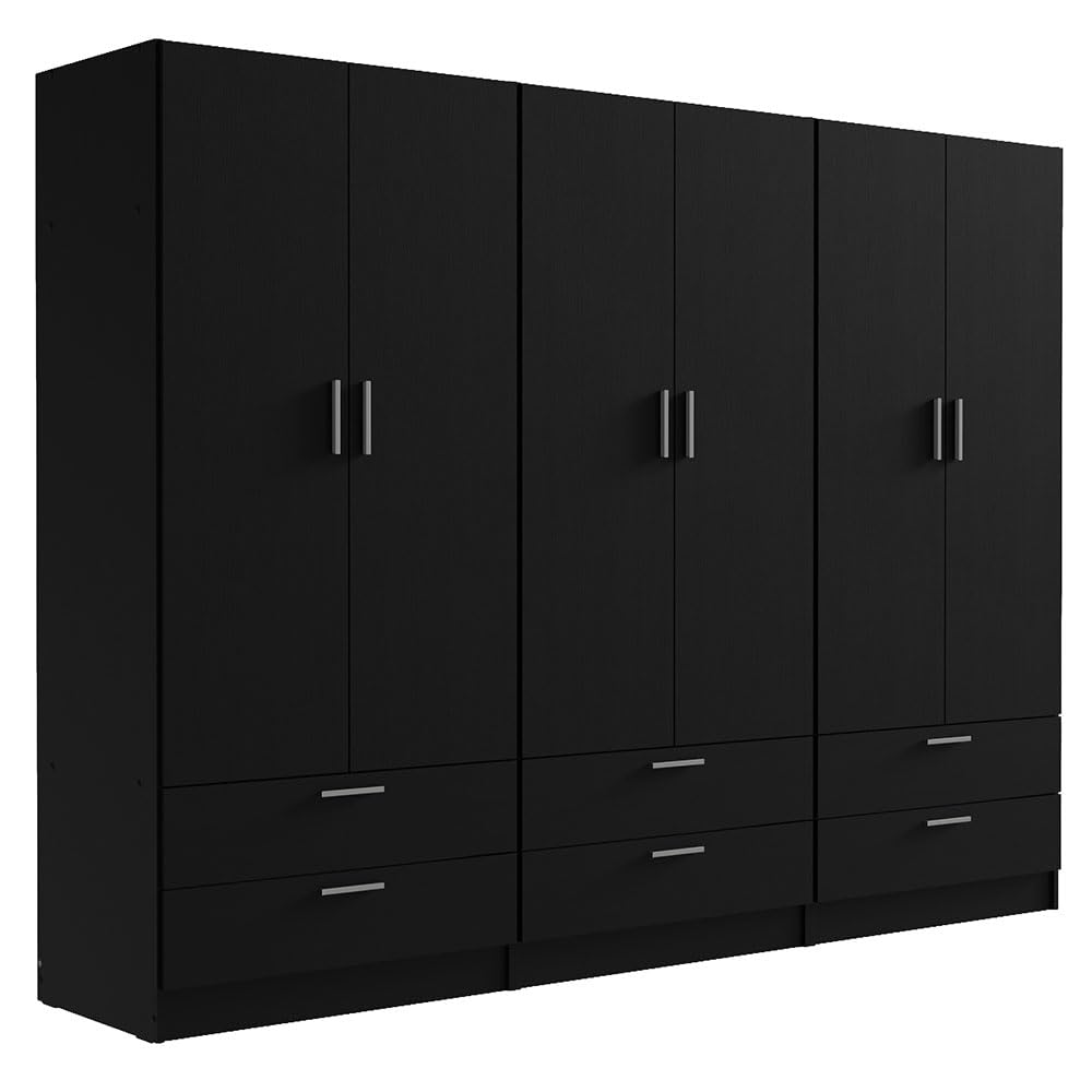 Madesa 6 Doors 6 Drawers Storage Cabinet Wardrobe with Shelves and Hanging Space 94" L Wooden Armoire Closet Organization Unit for Bedroom and Office (Black) Madesa