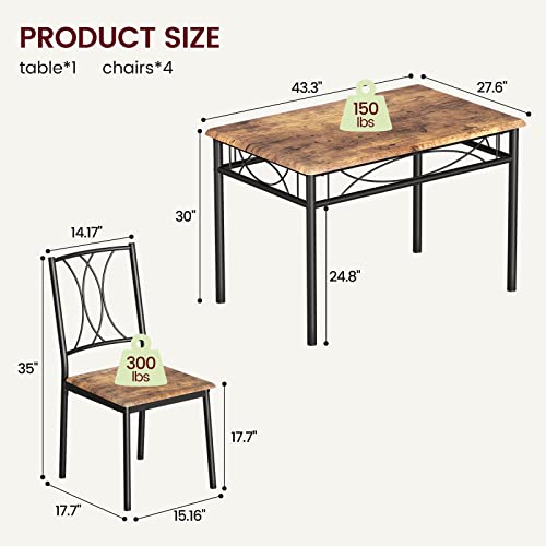CABIHOME Dining Table Set for 4, Kitchen Table Set with 4 Chairs, Rectangular Dining Table Set for 4, Kitchen Table Set for Apartment, Small Space, Dining Room, Retro Brown CABIHOME
