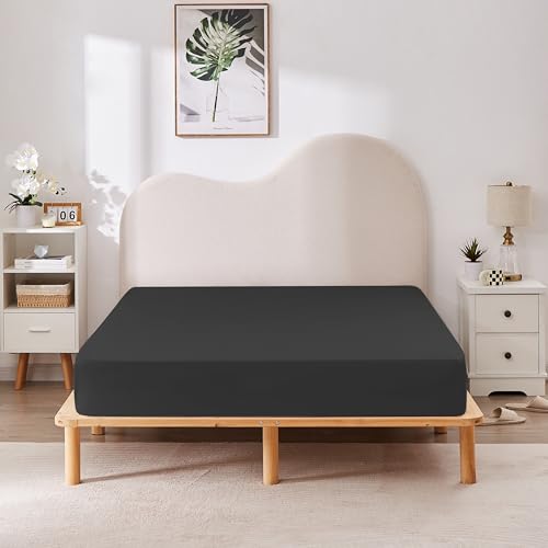 HBHLFZ Full Fitted Sheet Only, Soft Breathable Bottom Sheet - 54"x75" Deep Pockets Full Size Fitted Sheet - All Around Stretch Fit, Wrinkle Resistant, Colorfast - Easy Care, Black HBHLFZ